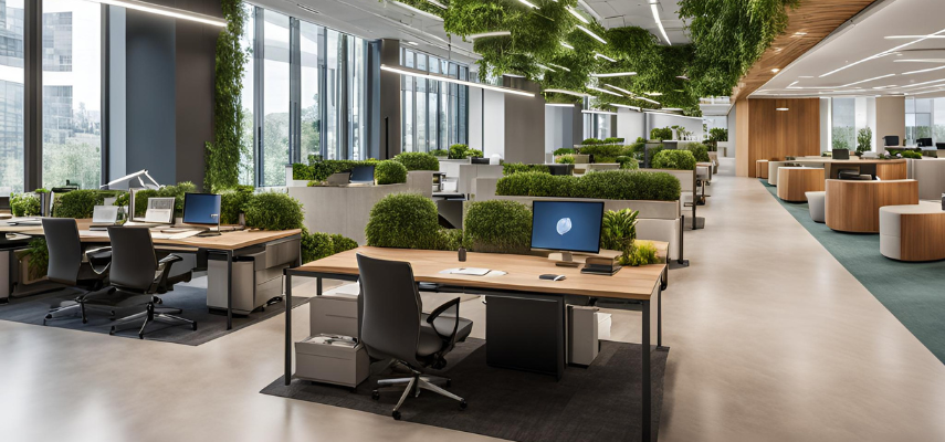 Bureaux d'entreprise aménagés dans un style biophilique, une des tendances 2024 de l'aménagement des bureaux professionnels